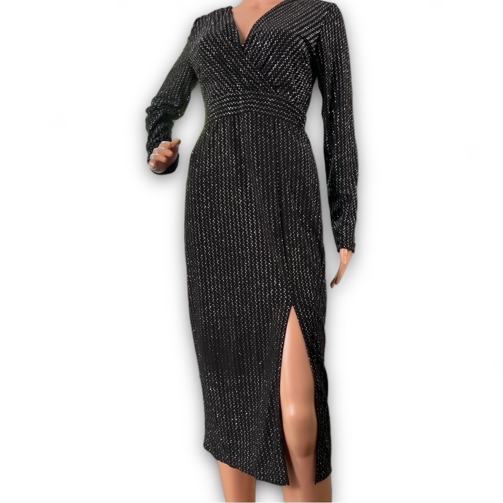 Premier Amour Black Multi Colored Sparkling Long Sleeve Slit Dress Size 8 New
